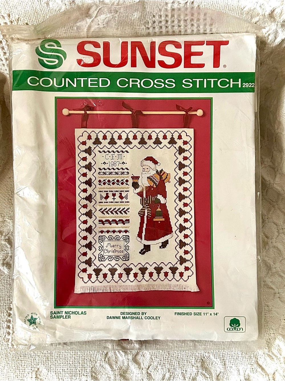 Vintage 1986 Sunset Counted Cross Stitch Kit Saint Nicholas Christmas Sampler